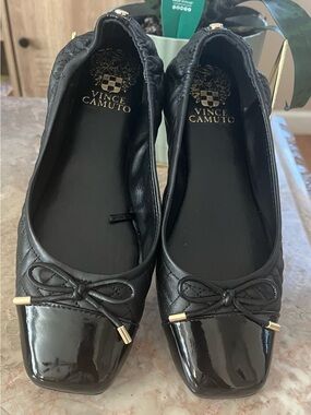 Vince Camuto Black Quilted Ballet Flats with Patent Square Toe and Bow